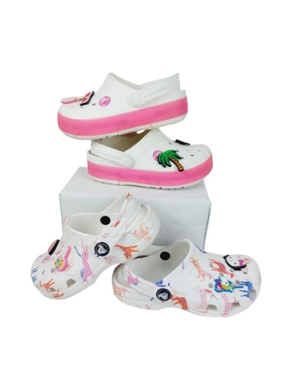 Set Of 2 Crocs Girl's White Pink Classic Platform Slip-On Casual Clogs Size 10